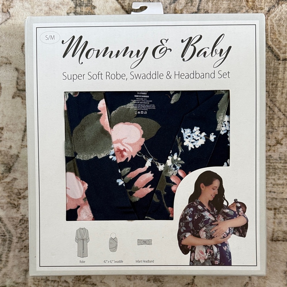 Mommy & Baby Super Soft Robe, Swaddle & Headband Set - Navy Floral